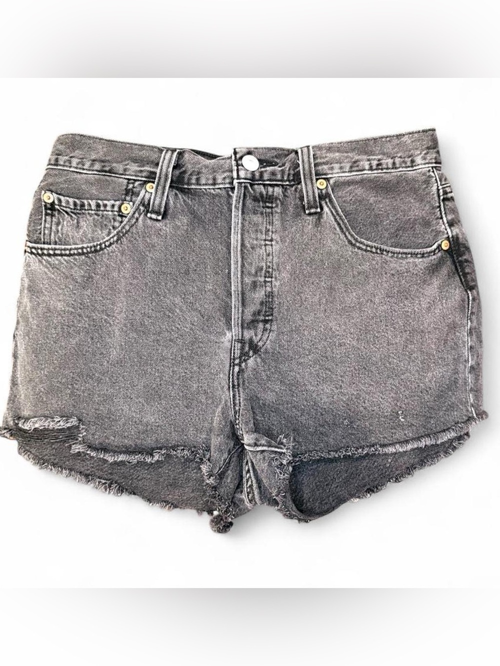 Levi's Vintage Distressesd Charcoal High-Rise Cutoff Denim Shorts, Size 30.
